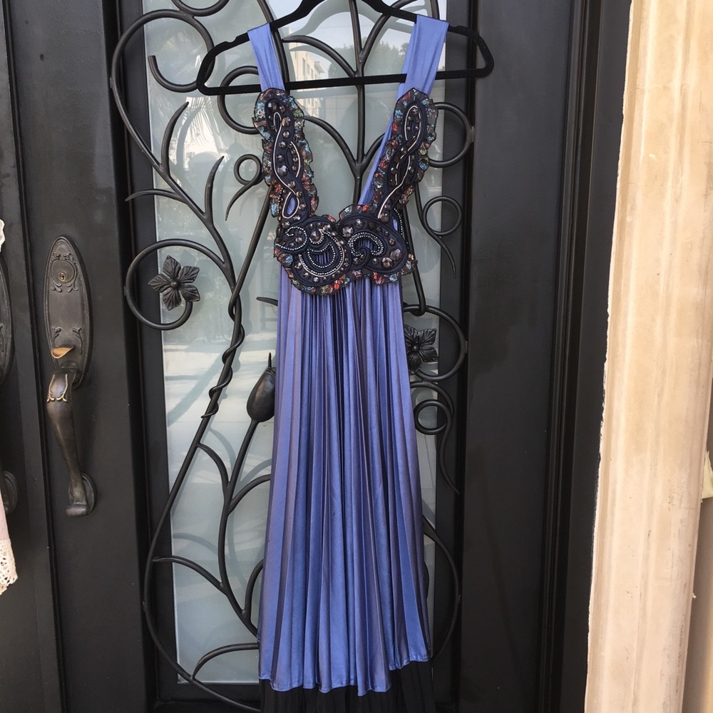 LM LULU Patricia Forgeal Blue Pleated Strap Dress